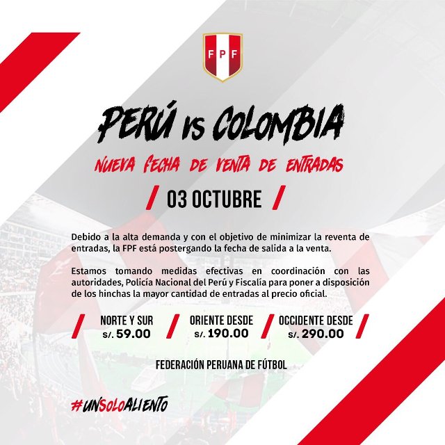 Nueva fecha de Venta de Entradas Perú vs. Colombia: 3 de Octubre