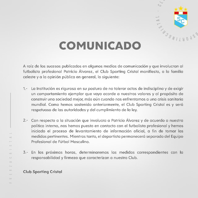 Comunicado de Sporting Cristal sobre el Jugador Patricio Álvarez